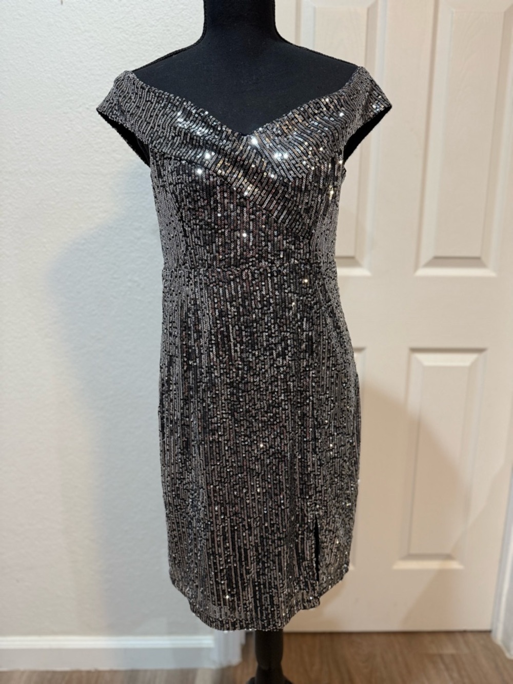 Lulu's Silver Sequin Off-the-Shoulder Cocktail Dress